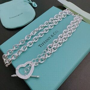 Tiffany & Co. Silver Heart Toggle Double Link Necklace with Blue Pouch